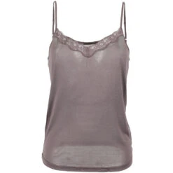 PURE SILK SILKE TRØYE MED TYNN STROPP OG BLONDER - BRUN