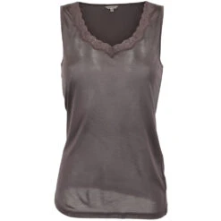 PURE SILKE TRØYE MED BRED STROPP OG BLONDER - BRUN